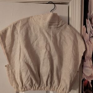 Beige Linen Elastic Hem  Crop Top